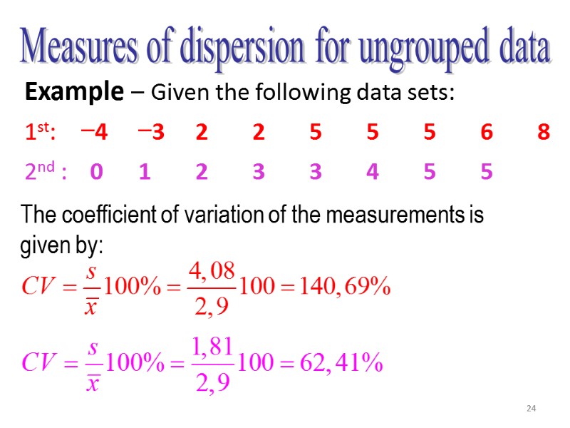 24 Measures of dispersion for ungrouped data The coefficient of variation of the measurements